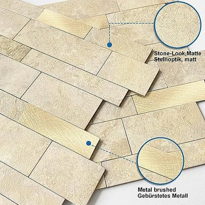 Backsplash Tile for Kitchen Peel and Stick Stone Matte Finish,Bathroom Tiles Stickers 3D Wall Panel Linear Mosaic Marble Backsplash Waterproof(10sheets,Beige Gold) - color: Beige Gold, size: 10sheets