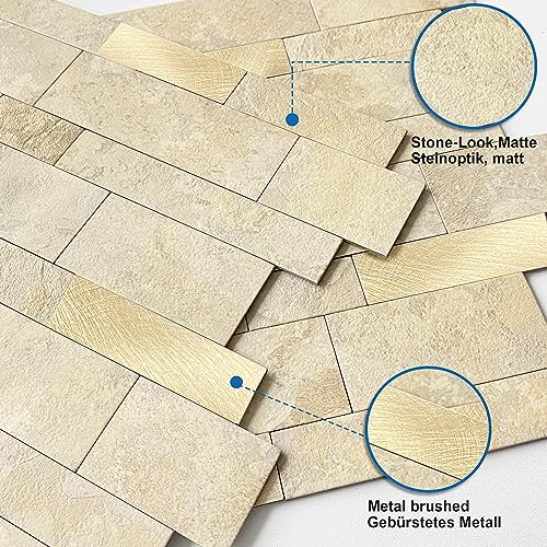 Backsplash Tile for Kitchen Peel and Stick Stone Matte Finish,Bathroom Tiles Stickers 3D Wall Panel Linear Mosaic Marble Backsplash Waterproof(10sheets,Beige Gold) - color: Beige Gold, size: 10sheets