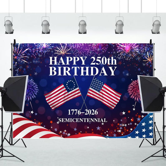 4th of July Backdrop Decorations Independence Day Backdrop 250 Anniversary USA Flag Banner 7x5ft 250th Birthday Fireworks Semiquincentennial Photography Background Photo Studio Props - color: Blue and Red, size: 7x5ft