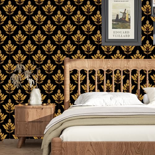 BOKEBEVE Black Gold Wallpaper Leaf Contact Paper Boho Floral Peel and Stick Wall Paper for Bathroom Bedroom Drawer Cabinet Modern Symmetry Removable 17.5 x 118In - color: Black/Gold, size: 17.5" x 118"