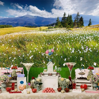 20x10ft Vinyl Summer Landscape Backdrops for Photography Background Blooming Flower Mountain Landscape Grass Field Vacation Holiday Party Backdrop Children Adults Portraits Photo Studio - size: 20x10ft