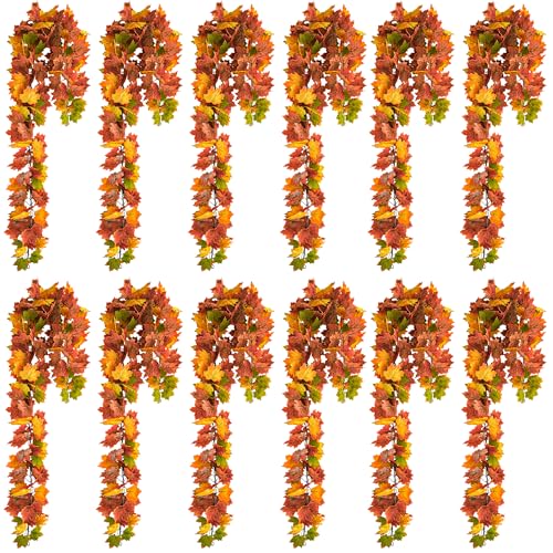 Helimoto 12 Pack Autumn Garland, 70.8 FT Fall Garland with 24 Hooks, Artificial Hanging Fall Decorations for Home for Autumn Thanksgiving Decor Wedding Party Fireplace Mantle Wall Outdoor Decorations - color: Green, size: 12 Pcs