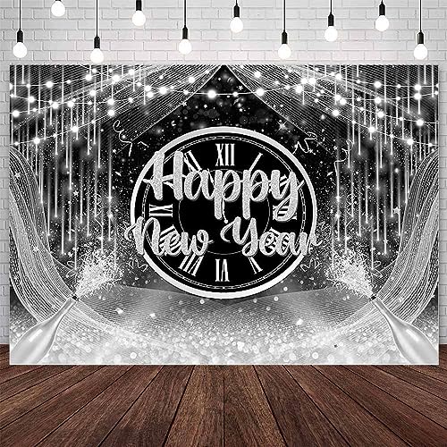 AIBIIN 8x6ft Happy New Year Backdrop 2024 New Years Party Decorations Black Silver New Years Eve Annual Countdown Party Supplies Gold Glitter Champagne Fabulous Family Party Banner Photo Shoot Props - color: Black Silver, size: 8x6ft