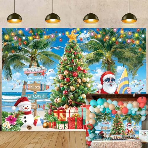 July Christmas Backdrop Summer Beach Santa Claus Christmas Tree Photography Background 8x6FT Tropical Hawaiian Xmas Party Decorations Supplies Photo Props - size: 8x6FT: 96x72 inch