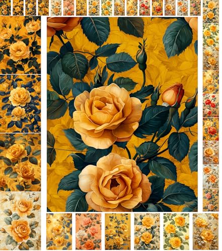 Decoupage Paper Pack (35 Sheets 6"x8") Golden Roses: Vintage-Inspired Botanical Illustrations Featuring Soft Yellow Roses on Warm Golden Backgrounds, evoking Nostalgia and Elegance FLONZ Vintage - color: One