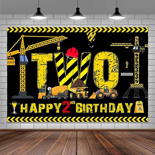Construction 2nd Birthday Banner Decorations for Boys - Cartoon Truck Excavator Photograph Backdrop - Construction Birthday Party Supplies 7X5FT - color: Two Birthday, size: 7X5FT