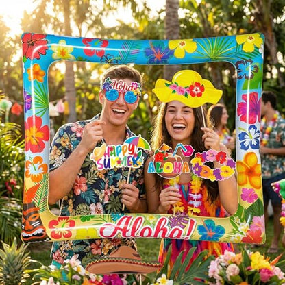 Hawaiian Photo Booth Props & Inflatable Frame, 30Pcs Luau Photobooth Props with Large Inflatable Inflatable Selfie Picture Frame for Summer Tropical Aloha Luau Party Selfie Supplies - color: Hawaii