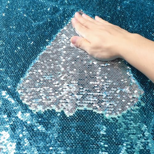 DUOBAO Turquoise to Silver Reversible Fabric 1/2 Sequin Fabric Cut by The Yard Two Tone Mermaid Fabrics Sparkly Turquoise Sequins Backdrop 5mm DIY Sewing Easily Flip Up-Fabrics for Dress - color: Silver to Turquoise, size: 0.5 Yard