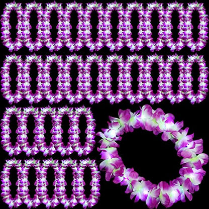 Sherr 24 Pcs LED Purple Leis Light up Wedding Hawaiian Leis Flower Necklace with LED Lights Beach Tropical Carnival Party Wedding Supplies Luau for Masquerade - color: Purple