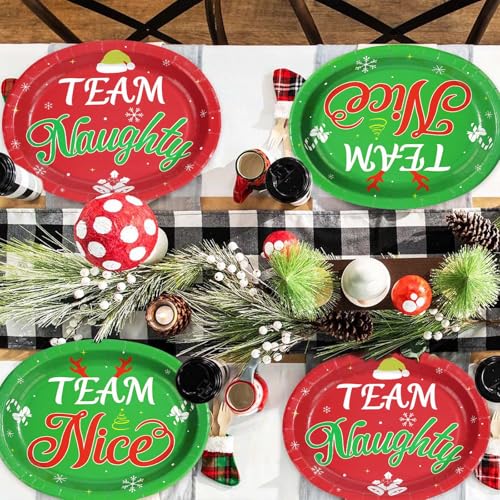 50Pcs Christmas Oval Paper Plates Team Naughty Team Nice Party Decorations 10" x 12" Large Disposable Heavy Duty 400GSM Red and Green Christmas Dinner Plates for Xmas Holiday Cocktail Party Supplies - style: Team Naughty Team Nice Oval Plates