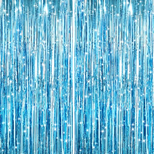 GCB 2Pack Blue Metallic Tinsel Foil Fringe Curtains, Blue Door Streamers Photo Booth Backdrop for Birthday Party, Tinsel Curtain Backdrop for Baby Shower Bachelorette Xmas Party Decorations - color: Light Blue