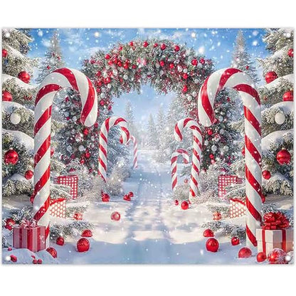 Fabric 10x8ft Merry Christmas Cane Candy Photography Backdrop Winter Snow Scene Xmas Tree Background New Year Eve Party Decoration Holiday Photo Banner Props - size: 10'x8'
