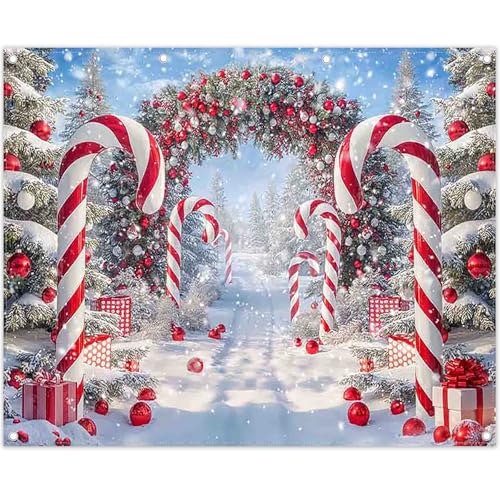 Fabric 10x8ft Merry Christmas Cane Candy Photography Backdrop Winter Snow Scene Xmas Tree Background New Year Eve Party Decoration Holiday Photo Banner Props - size: 10'x8'