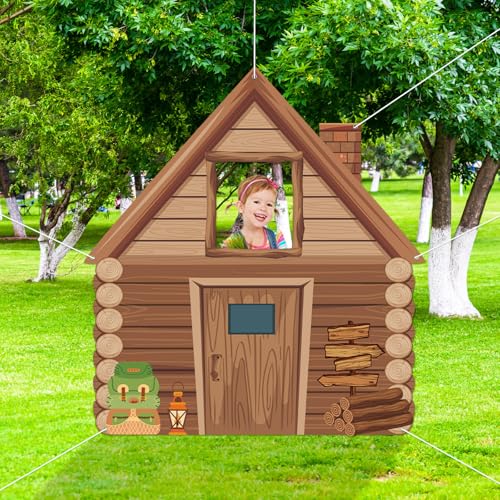 Camping Party Decorations Photo Prop Selfie Frame Happy Camper Photo Booth Props Rustic Wooden Cabin Banner Sign Supplies for Camping Adventure Birthday Party Baby Shower Wedding Home Decor