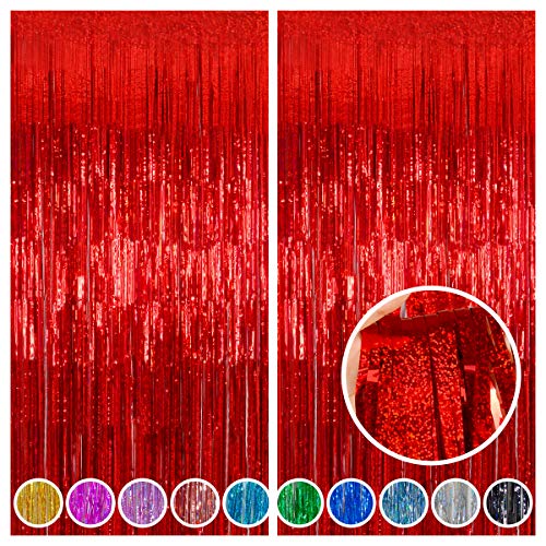 Red Tinsel Curtain Backdrop for Party Decorations - Sparkle Foil Tinsel Fringe Curtains Photo Backdrop Booth (3.2ft x 8ft, 2 Packs) - color: Red