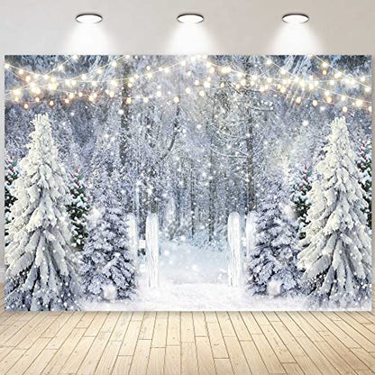 7x5ft Polyester Fabric Winter White Snowy Forest Backdrop for Photography Christmas Glitter Wonderland Nature Xmas Trees Pine Forest Holiday Party Decor Kids Family Photo Studio Prop - size: 7'x5'