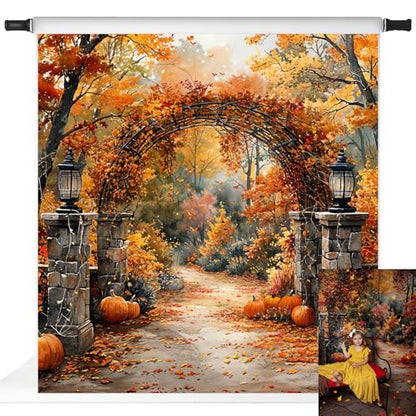 Kate Autumn Stone Arch Backdrops Pumpkin Photo Backdrop Fall Leaves Scenery Photography Backdrops for Seasonal Party Photo Studio Props, 8x8ft - size: 8x8ft