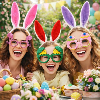 Easter Headbands and Glasses Set, 6PCS Bunny Ear Headbands & Funny Easter Glasses, Cute Photo Props for Easter - color: A