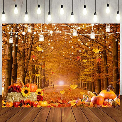 8x6ft Fall Forest Backdrop Autumn Leaves Pathway Pumpkin Background for Thanksgiving Party Harvest Festival Photography Decorations Rustic Photo Booth Banner 185 - size: 8x6ft