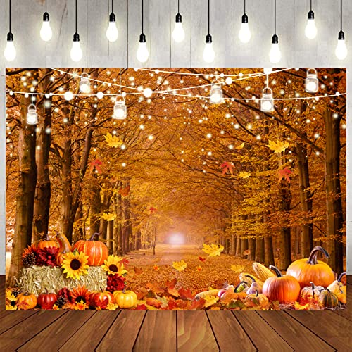 8x6ft Fall Forest Backdrop Autumn Leaves Pathway Pumpkin Background for Thanksgiving Party Harvest Festival Photography Decorations Rustic Photo Booth Banner 185 - size: 8x6ft