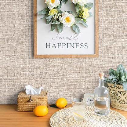 Khaki Grasscloth Peel and Stick Wallpaper 17.3"x120" Faux Linen Textured Contact Paper Removable Self Adhesive Vinyl Wallpaper for Bedroom Bathroom Kitchen Cabinets - color: Khaki, size: 17.3" x 120"