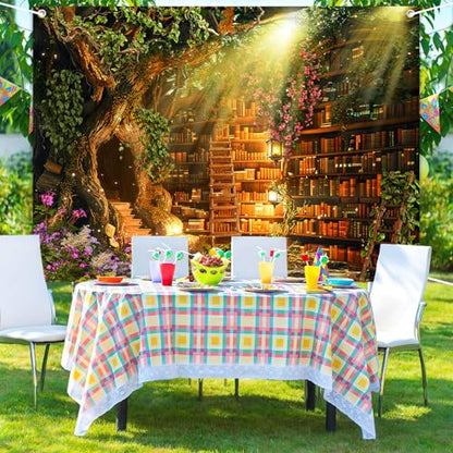 Fairy Tale Library Backdrop for Photography,Woodland Bookshelf Enchanted Magic Storybook Photo Background,7x5ft Child Birthday Party Decoration Banner Portrait Studio Props - size: 7X5ft