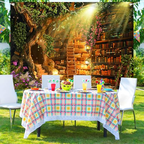 Fairy Woodland Library Backdrop Spring Enchanted Forest Bookshelf Book Tree Photography Backgrounds Magic Nature Girl Birthday Party Decorations Banner Photo Booth Props 9X6ft - size: 9X6ft