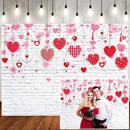 8x6ft Valentine's Day Backdrop White Brick Wall Red Hearts Photography Background Valentine's Day Wedding Bridal Shower Birthday Party Decor Banner Portrait 088 - size: 8x6ft