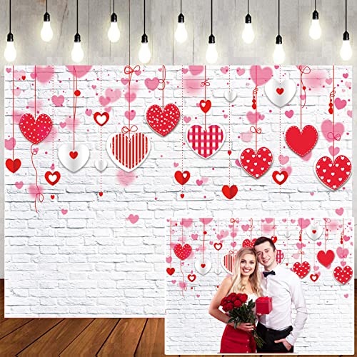 8x6ft Valentine's Day Backdrop White Brick Wall Red Hearts Photography Background Valentine's Day Wedding Bridal Shower Birthday Party Decor Banner Portrait 088 - size: 8x6ft