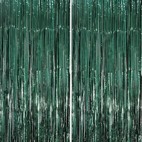 Voircoloria 2 Pack Retro Green Foil Fringe Backdrop Curtains, Tinsel Streamers Party Decorations, Fringe Backdrop, Door Shimmer for Christmas - color: 42 Retro Green