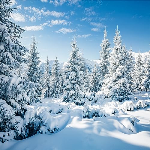 BELECO 8x8ft Fabric Winter Snow Backdrop White Xmas Trees Wintry Scene Alps Mountains Ice and Snow World Background Christmas New Year Party Decorations Banner Holiday Photo Background Photo Props - size: 8x8FT