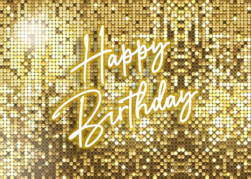 Withu Golden Flash Square Happy Birthday Backdrop for Photography Neon Glitter Gold Sequins Stars Shimmer Wall Cake Table Decorations Background Theme Bday Party Decor Banner 8x6ft - size: 8x6ft