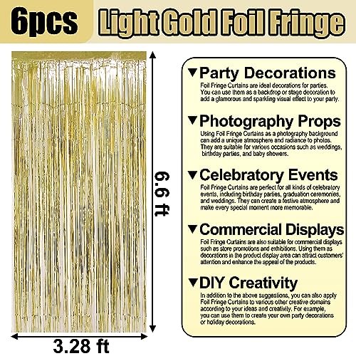 6 Pack Light Gold Foil Fringe Curtain Backdrop, 3.28Ft x 6.6Ft Metallic Tinsel Foil Fringe Streamer Curtains for Photo Booth, Christmas Day, Thanksgiving, Wedding, New Year Party Decorations - color: Light Gold