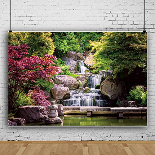 10x6.5ft Japan Garden Landscape Backdrop Retro Style Park View Photography Background Waterfall Maple Trees Bridge Kyoto Garden Travel Children Adult Portrait Photo Studio Props Wallpaper - size: 10x6.5ft