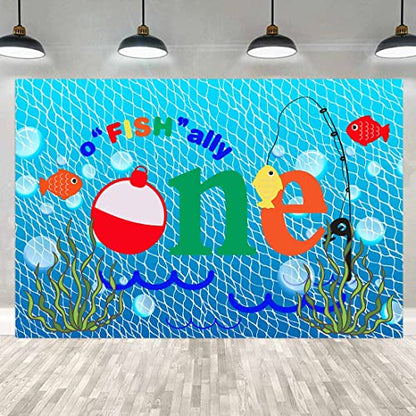 Gone Fishing 1st Birthday Party Photography Backdrop, 7X5FT, O Fish Ally Blue Fishing Nets Bubbles Background, Photo Booth Studio Props RBJYYLU80 - size: polyester microfiber fabric-7x5ft