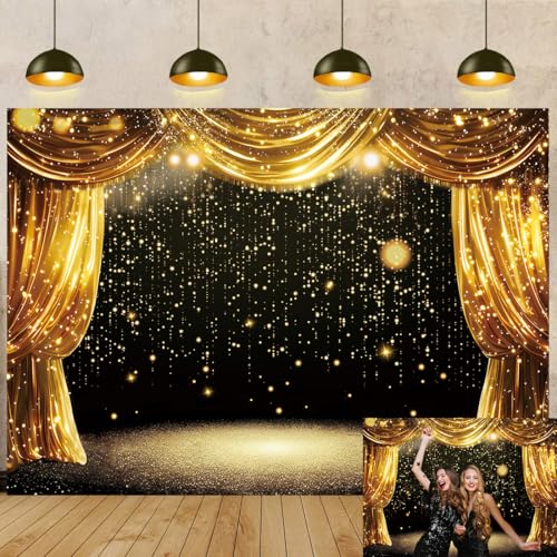 Black Gold Backdrop Black Gold Curtains Glitter Spots Theater Stage Photography Background Adults Kids VIP Carnival Graduation Prom New Year Birthday Party Decorations Banner Photo Props (7x5FT) - size: 7x5FT