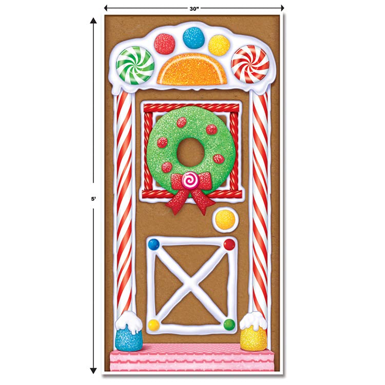Beistle Gingerbread House Door Covers, 5’ x 30”, 3 Pieces – Magical Festive Winter Holiday Decor - Plastic for Indoor and Outdoor Use - Easily Display - Vibrant Candy Theme Christmas Decorations - style: Gingerbread House - 3 Piece