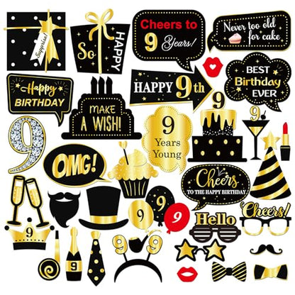 INNORU 9th Birthday Photo Booth Props, Kids Birthday Photoshoot Funny Birthday Party Photography Props Favor Nine Years Old Centerpiece Sticks Decorations Black & Gold 35 PCS - size: 9