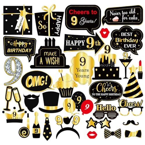 INNORU 9th Birthday Photo Booth Props, Kids Birthday Photoshoot Funny Birthday Party Photography Props Favor Nine Years Old Centerpiece Sticks Decorations Black & Gold 35 PCS - size: 9