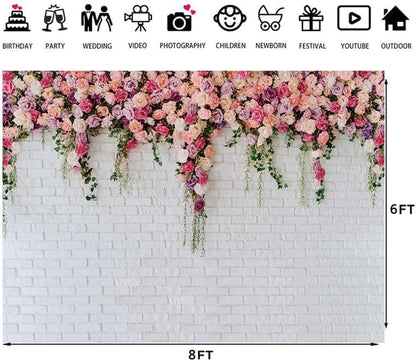8x6ft Loral Wall Backdrop White Brick Flower Background Pink Rose Wedding Backdrop Romantic Garden Party Decoration for Bridal Shower Baby Shower Birthday Photo Booth - size: 8x6ft