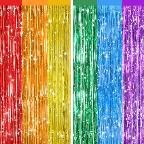2Pack Rainbow Foil Fringe Curtains Backdrop Decorations, Rainbow Metallic Tinsel Foil Streamers Curtain Photo Booth Background for Birthday Wedding Engagement Bridal Shower Unicorn Party Decorations - color: Rainbow