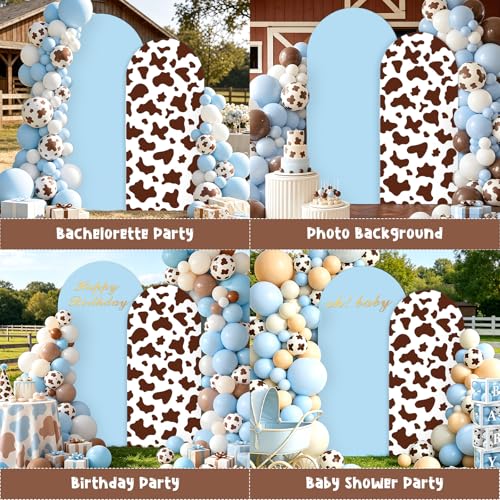 2Pcs Cow Print Arch Backdrop Covers Set Light Blue Brown(7.2ft+6ft), Spandex Fitted Arch Stand Covers for Baby Shower Birthday Bridal Shower Western Farm Cowboy Photo Booth Background - color: Light Blue & Brown-Cow Print, size: 7.2FT/6FT