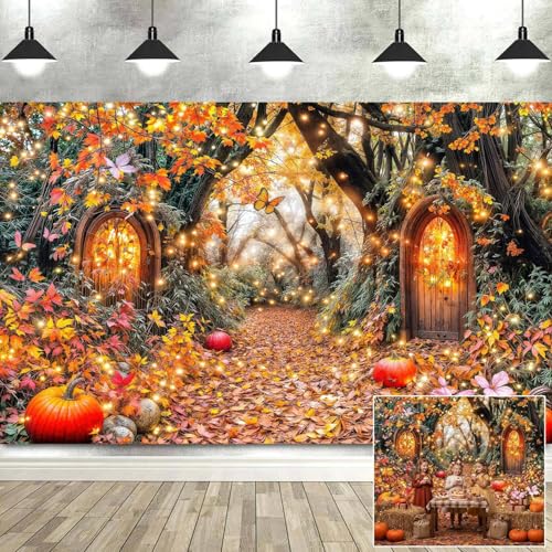 5X3ft Enchanted Forest Autumn Backdrop Fairy Tale Magic Fall Garden Wonderland Pumpkin Maple Floral Butterfly Photography Background for Kids Baby Shower Birthday Party Decoration Photo Booth Props - color: Multi12, size: 5x3ft