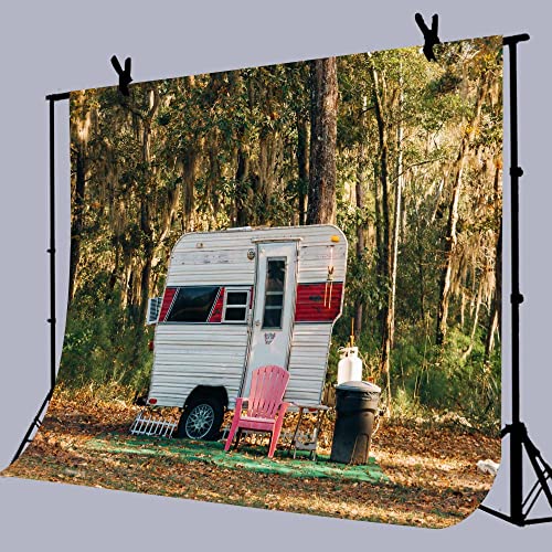 Camp Party Camping Backdrop, 8x6FT, Sunny Forest Camper Trailer Nature Scenery Photography Background Studio Photo Prop BJLU83 - size: vinyl-8x6ft