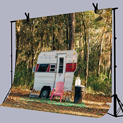Camp Party Camping Backdrop, 8x6FT, Sunny Forest Camper Trailer Nature Scenery Photography Background Studio Photo Prop BJLU83 - size: vinyl-8x6ft
