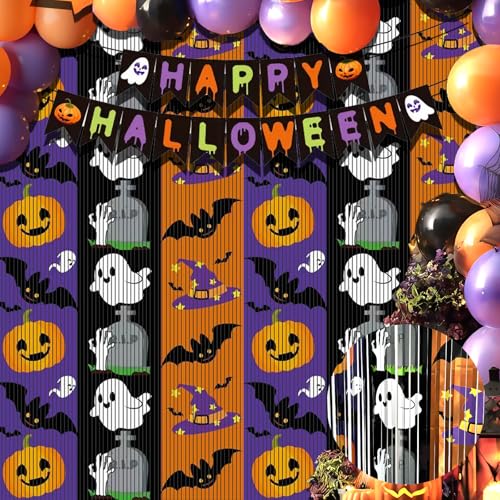 OQOQ Halloween Party Decorations Backdrops, 2 Pcs 3.3x6.6 Ft Tinsel Foil Fringe Curtains & 1 Pcs Happy Halloween Banner, Streamer Large Photo Booth Props Indoor Party Decor - color: Orange Black Purple Halloween