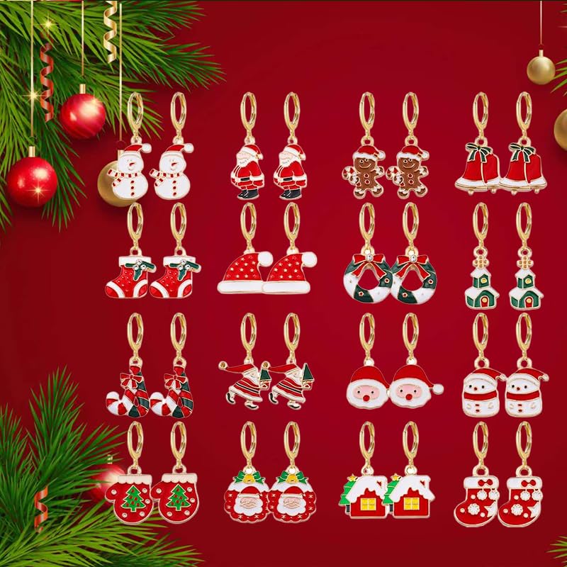 16 Pairs Christmas Reindeer Santa Hoop Earrings for Women Unique Winter Xmas Tree Snowflake Bow Bell Snowman Penguin Earrings Christmas New Year Jewelry Gifts - style: Snowman