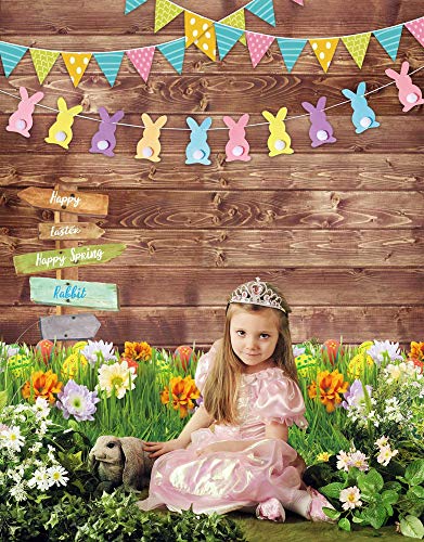 5x7ft Polyester Spring Backdrop Easter Photography Background Eggs Road Sign Wooden Wall Flowers Grass for Kids Newborn Party Decoration Portrait Photo Booth Props - size: 5'x7'