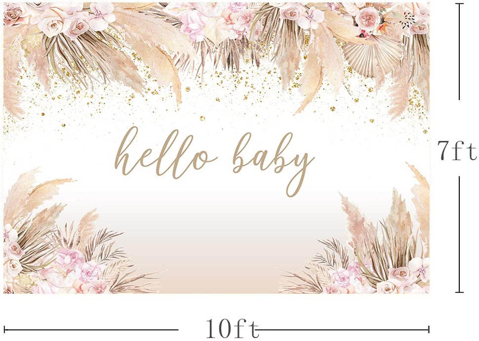 Mocsicka Boho Hello Baby Theme Backdrop Boho Chic Pink Flowers Baby Shower Background Girls Welcome Oh Sweet Baby Party Cake Table Decorations Photo Booth (10x7ft) - size: 10x7ft