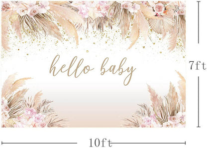 Mocsicka Boho Hello Baby Theme Backdrop Boho Chic Pink Flowers Baby Shower Background Girls Welcome Oh Sweet Baby Party Cake Table Decorations Photo Booth (10x7ft) - size: 10x7ft
